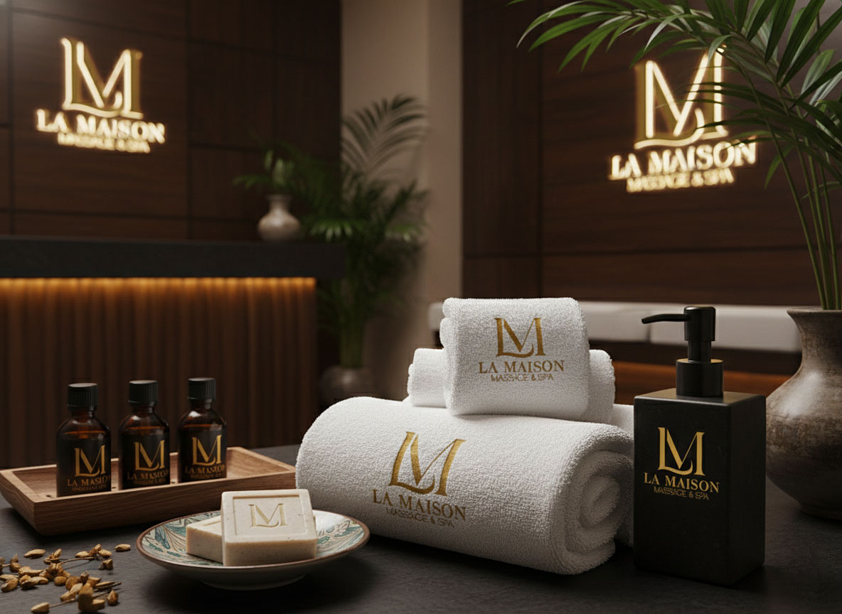 Toalhas e sabonetes e espaço com logo La Maison Spa
